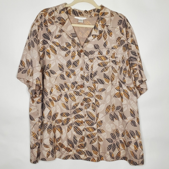 August Silk 100% SILK Floral Top Size 2X Short Sleeve Button-up Leaf Print Shirt - Picture 1 of 11
